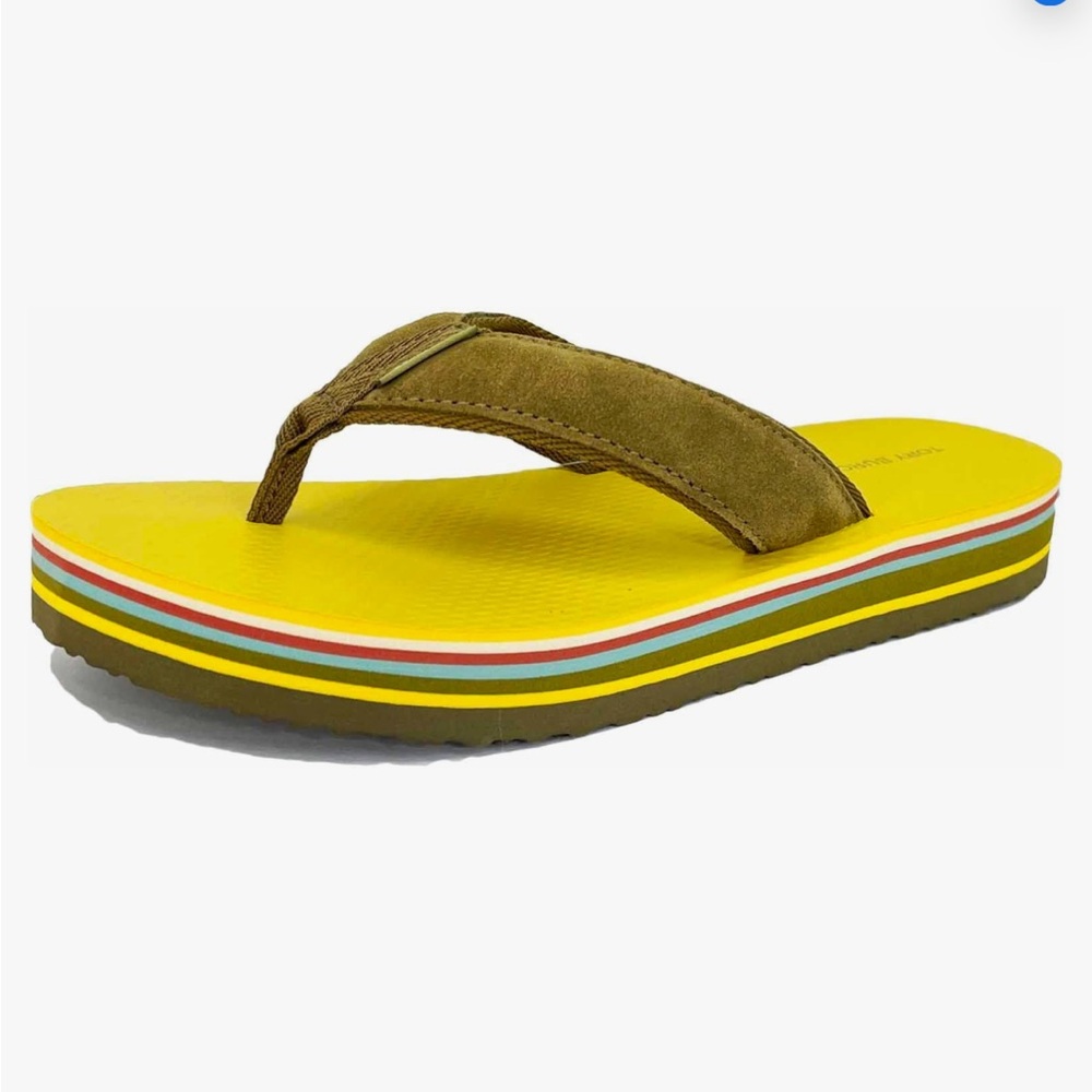 Tory Burch Yellow Flip Flop Sandal with Olive Straps and Multicolor Layered Sole